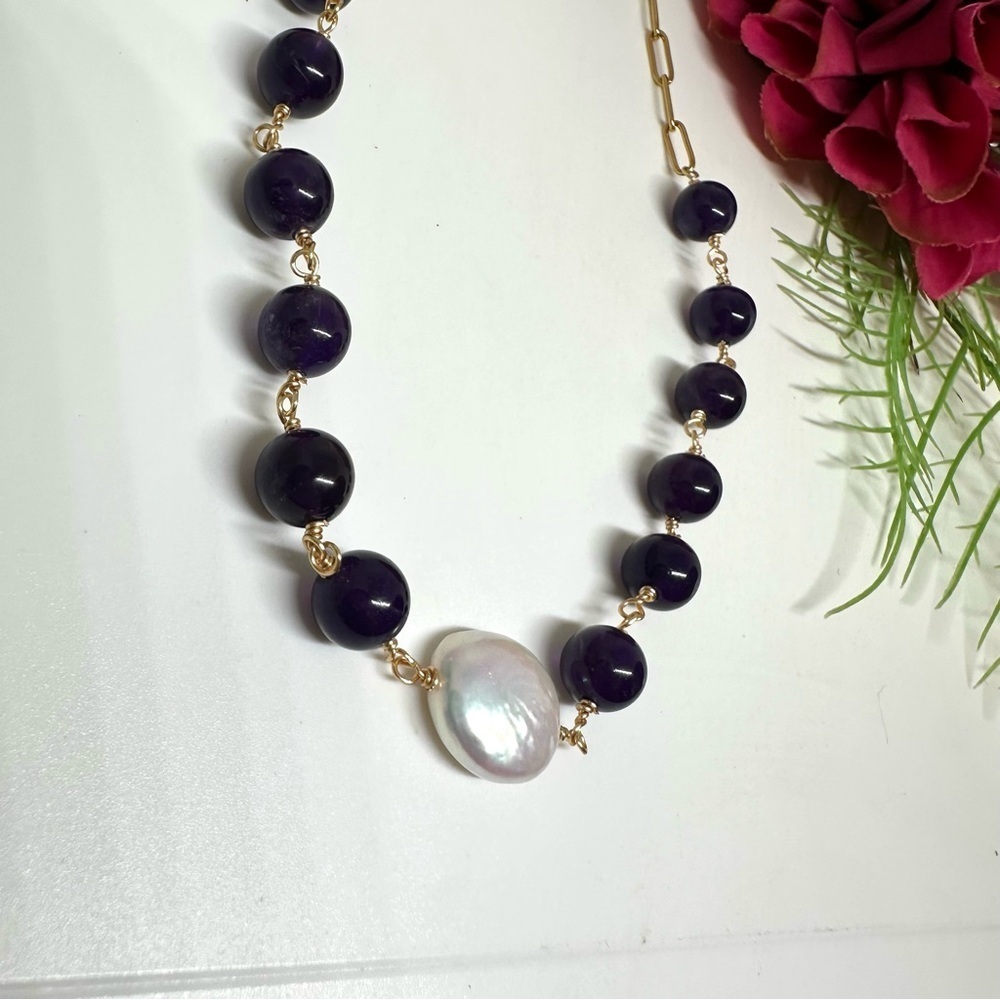 NEW⚜️Deep Amethyst & Baroque Pearl Handmade Necklace - Picture 4 of 5